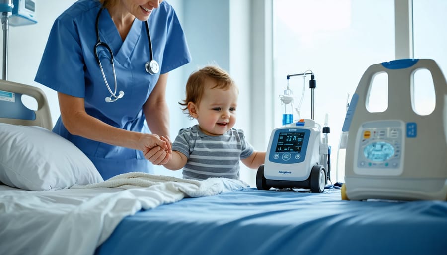 Child in a hospital bed holding a parent’s hand as a doctor adjusts a newly delivered infusion pump, with volunteers and a corporate representative bringing in unbranded equipment crates in the softly blurred background.