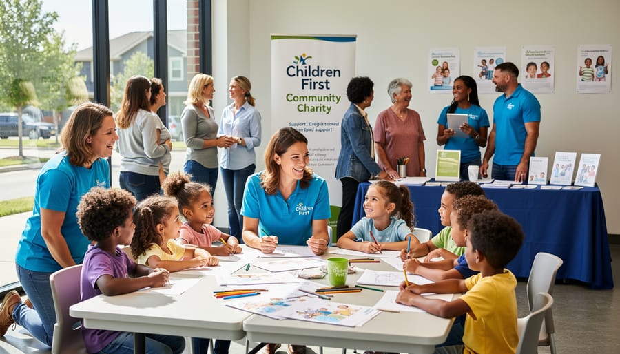 Diverse group of children and volunteers holding hands in circle outdoors