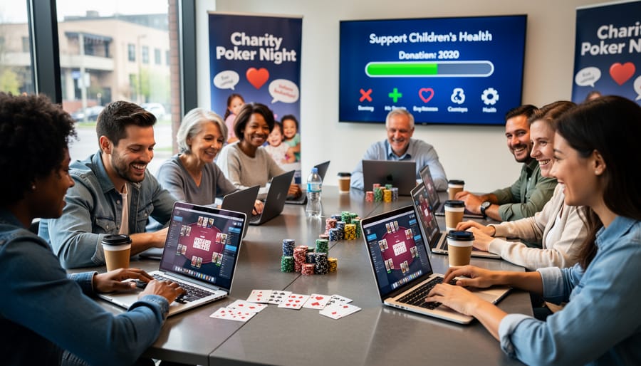 Diverse group of people gathered around poker table in friendly community atmosphere