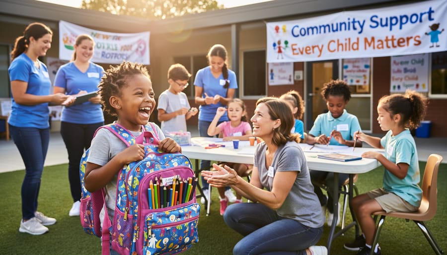 Smiling child painting with supportive adult volunteer at art table