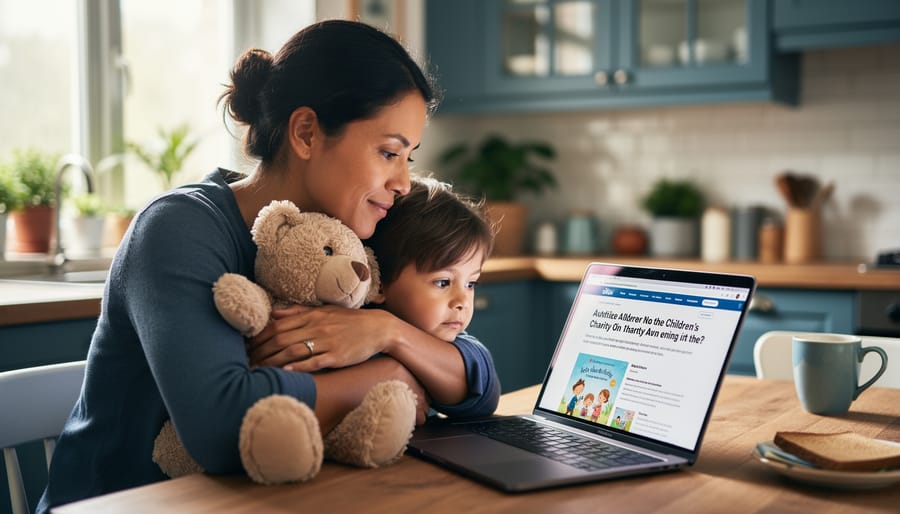 Parent reading a children’s charity article on a laptop at a kitchen table while a child with a stuffed animal sits close, in warm natural light with a softly blurred home background.