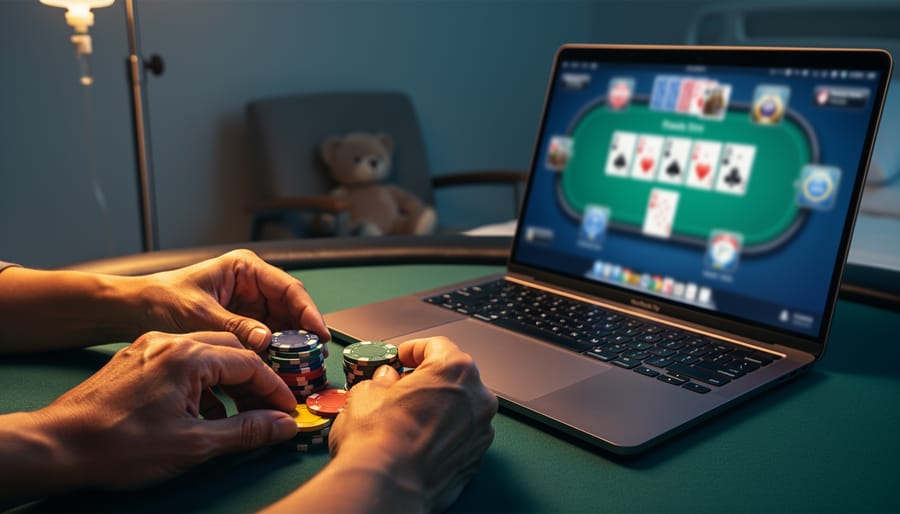Hands arranging poker chips into a heart beside a laptop with a blurred poker interface, with an IV stand silhouette and stuffed animal in the background, representing online charity poker supporting children’s medical care.