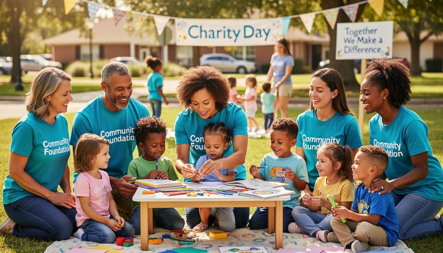 Diverse volunteers and children holding hands in circle outdoors showing community connection