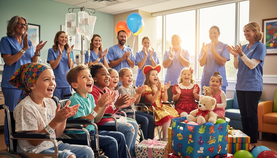 Smiling child with medical equipment holding colorful balloons in outdoor setting