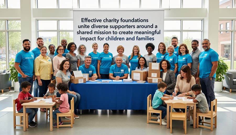 Multiple hands of different ages and ethnicities coming together in supportive gesture from above
