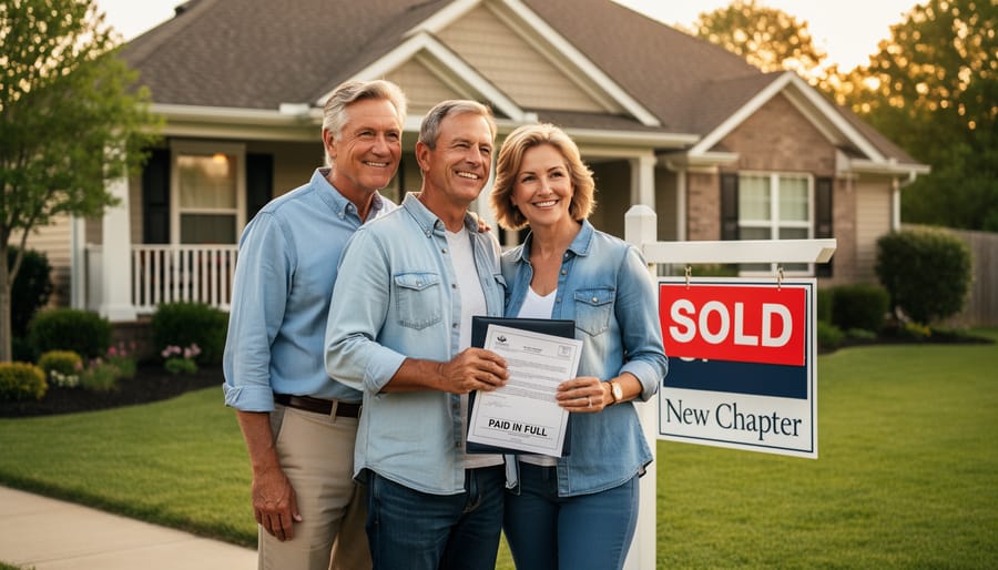 Family standing together in front of their sold home at sunset