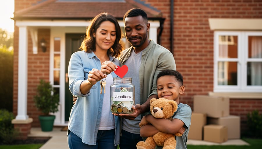Parents outside a brick home at sunset hold house keys while placing a red paper heart into a clear donation jar, as their child hugs a teddy bear beside moving boxes on the porch.