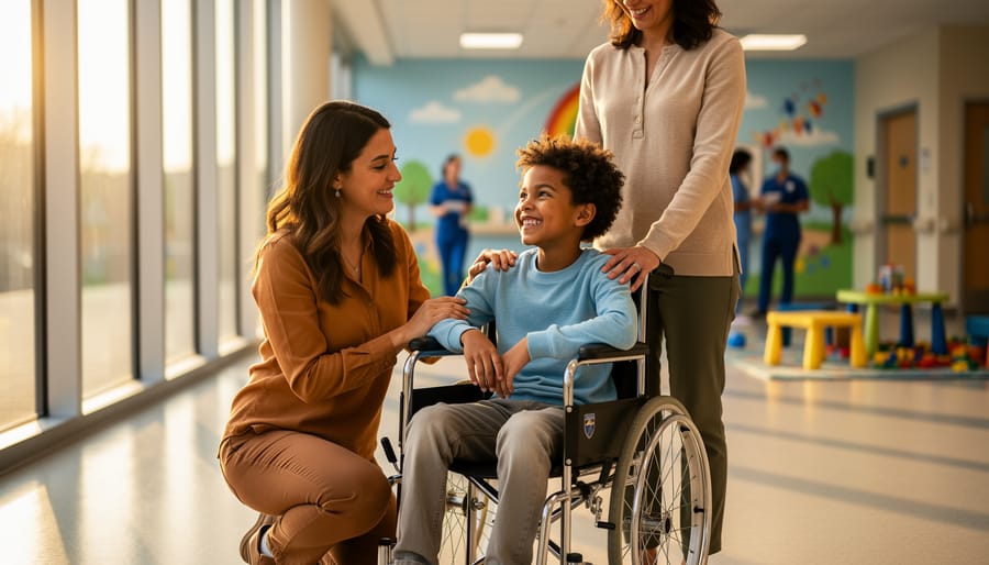 Volunteer kneels beside a smiling child in a wheelchair with a supportive parent in a bright community health center; mural, play area, and volunteers softly blurred behind them.