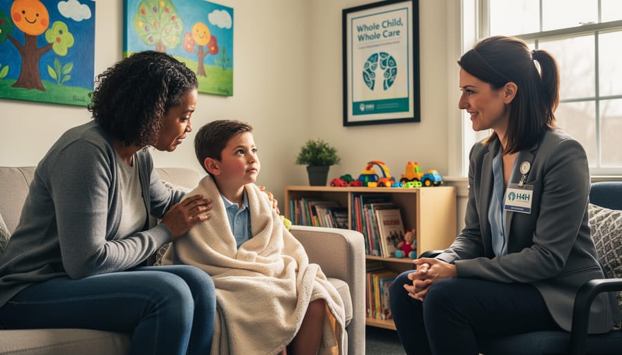 A child and parent sitting together with a healthcare professional nearby in a bright, supportive home environment