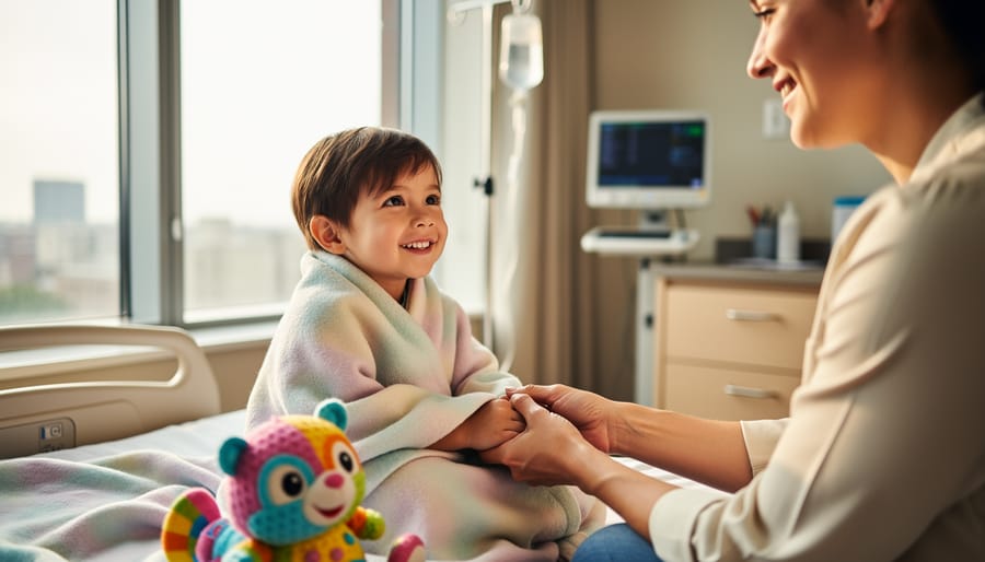A child in a hospital room smiles while a caring volunteer or family member holds their hand, with warm window light creating a hopeful atmosphere.