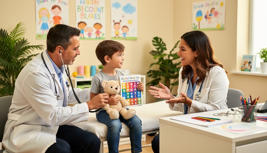 A child participating in a calming therapist-guided wellness activity while an adult provides gentle support