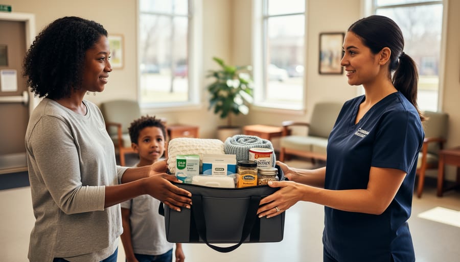 A program coordinator hands a prepared care kit to a smiling family member in a community room.