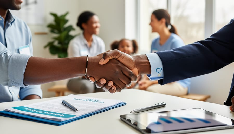 A corporate sponsor representative and charity coordinator shake hands near a meeting table with office materials.