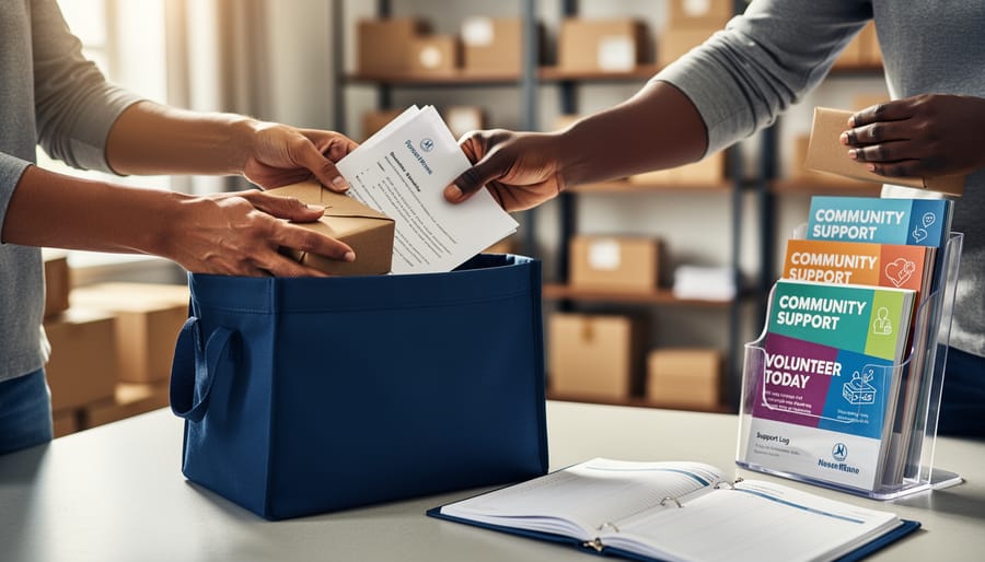 A volunteer’s hands placing a small care package into a donation tote while organizing supportive materials in a softly lit community space.