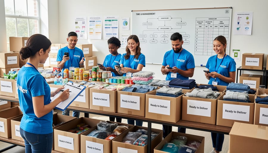 Volunteers pack donated supplies together at a folding table in a community workspace.