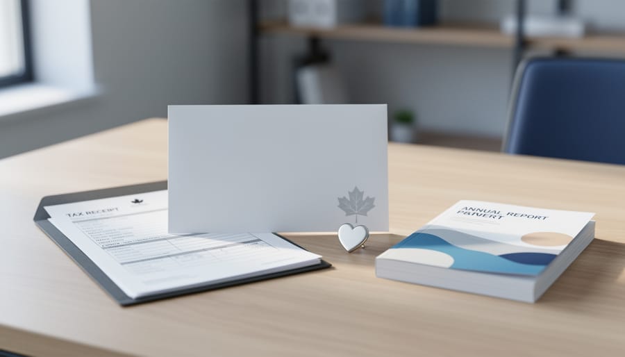 Donation envelope and charity annual report folders on a clean desk to represent tax-exempt charitable accountability and transparent giving.