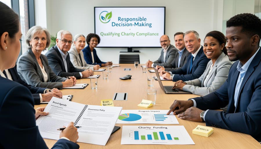 Board members at a meeting reviewing charity documents around a table