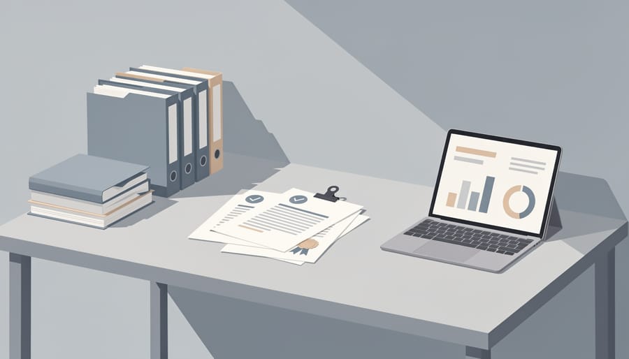 Close-up of financial documents and an envelope on a clean desk