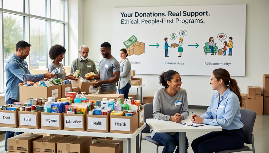 Volunteer handing a care package to a recipient in a community setting